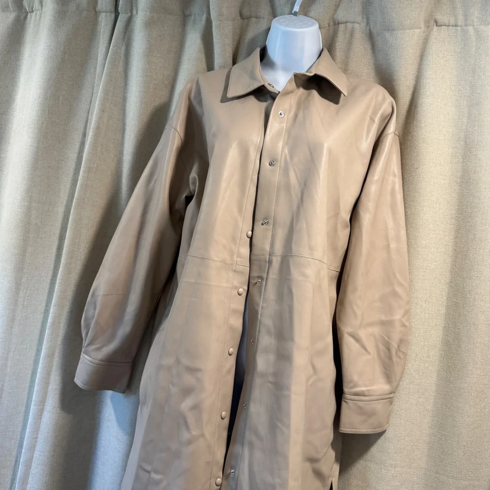 Verasona Faux Leather Shirt‎ Dress Beige Button Front Long Sleeve Career Medium